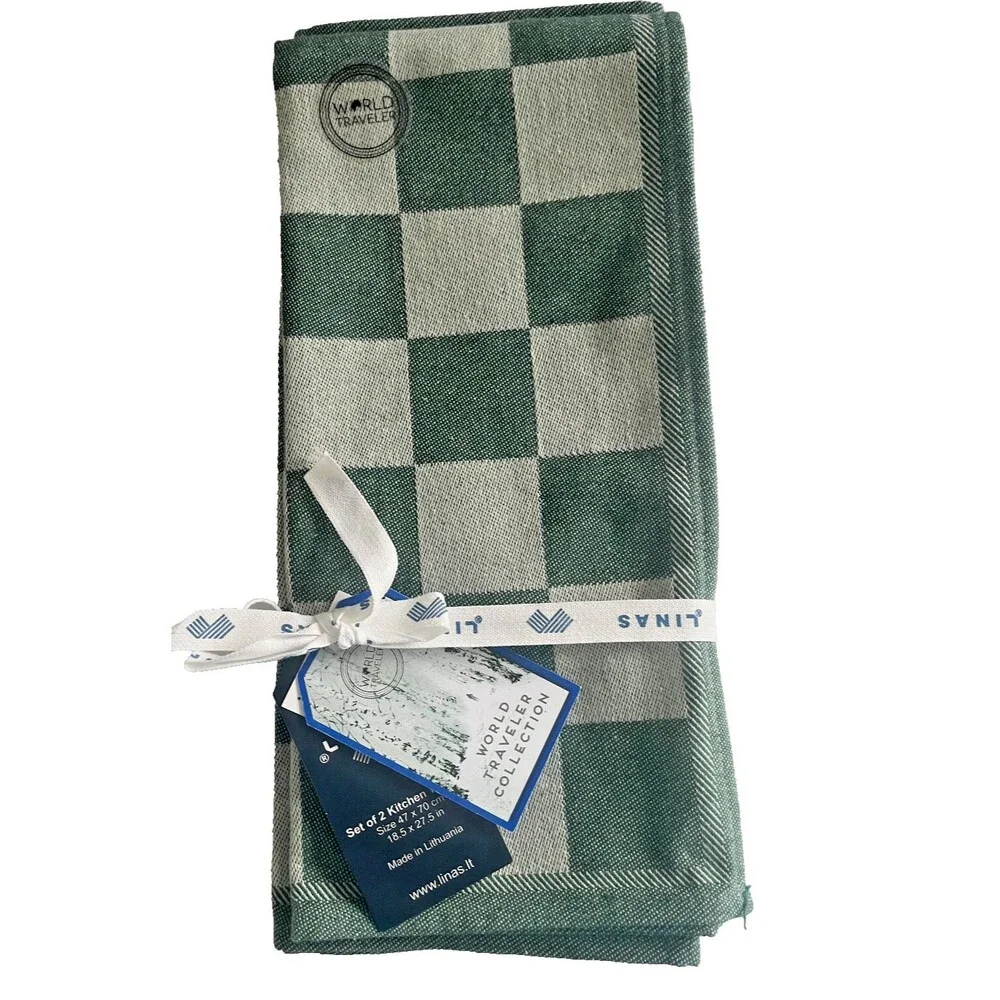 Linas World Traveler Kitchen Dish Towels Set of 2 Green Recycled Cotton Check